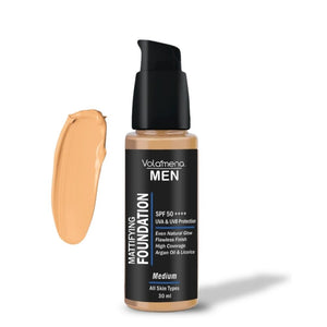 Volamena For Men Mattifying Foundation With SPF 50++++ Medium Shade, | With Hyaluronic Acid & Argan Oil | For Even Natural Glow, Flawless Finish | With Dual Action Moisturizer + Sunscreen | 30ml