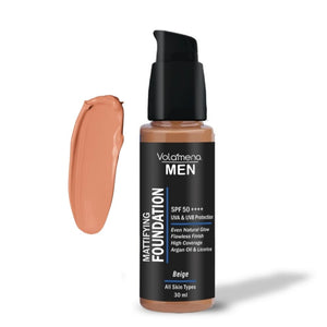 Volamena For Men Mattifying Foundation With SPF 50++++ Beige Shade, | With Hyaluronic Acid & Argan Oil | For Even Natural Glow, Flawless Finish | With Dual Action Moisturizer + Sunscreen | 30ml