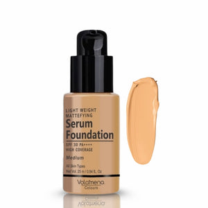 Volamena Light Weight Mattefying Serum Foundation With SPF 30PA++++, Medium Shade | With Hyaluronic Acid & Alpha Arbutin | High Coverage For Even Natural Glow | Flawless Finish | 25ml