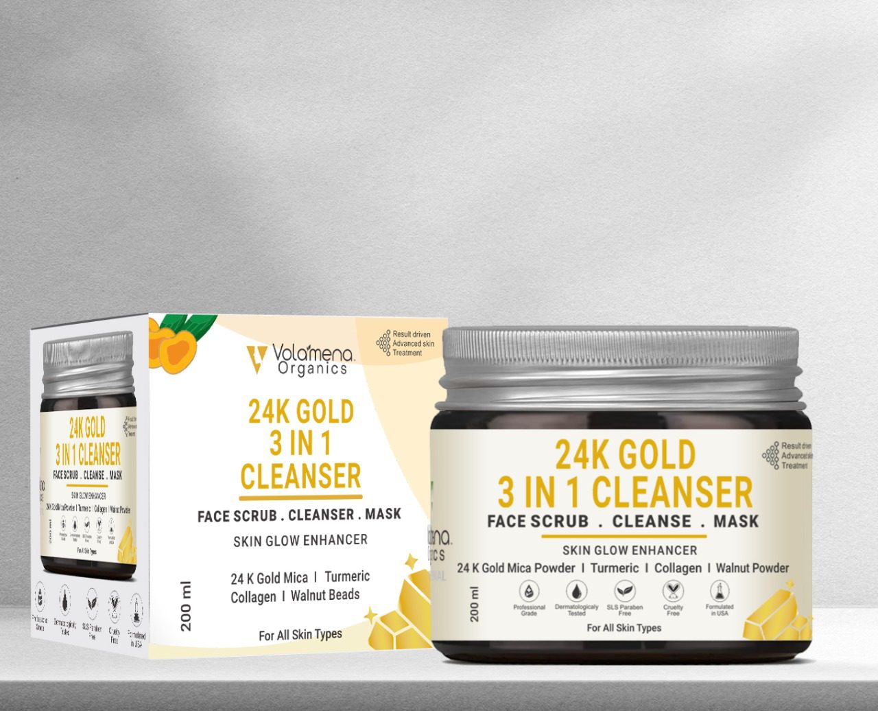 3 in 1 Cleanup Gold Face Cleanser | Scrub, Cleanse & Mask | For Glowing Skin For Women & Men 200 ml - Volamena