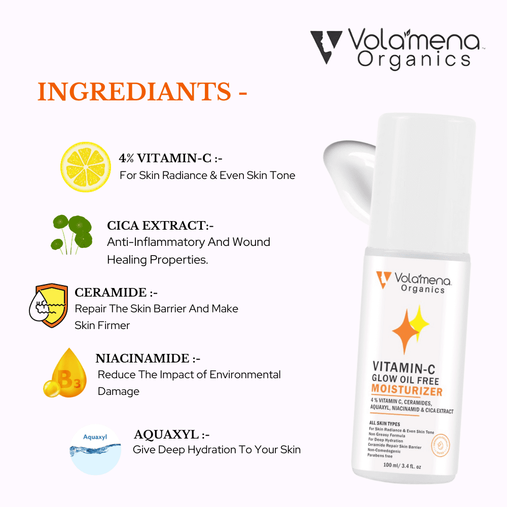 Volamena Organics Vitamin-C Glow Oil free Moisturizer With 4% Vitamin-C, Ceramides & Aquaxyl for deep hydration, 100ml - Volamena
