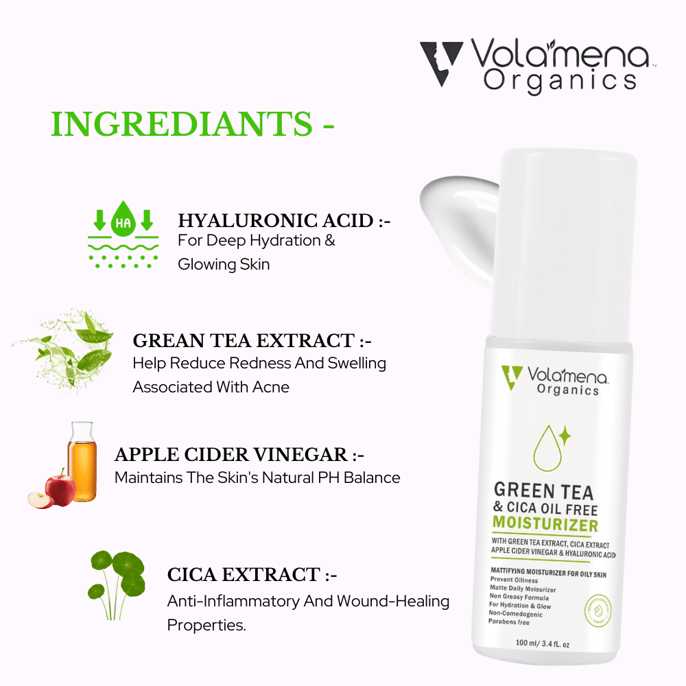 Volamena Organics Green tea & Cica Oil Free Moisturizer With Green Tea & cica Extract For Hydration & Glow, 100ml - Volamena