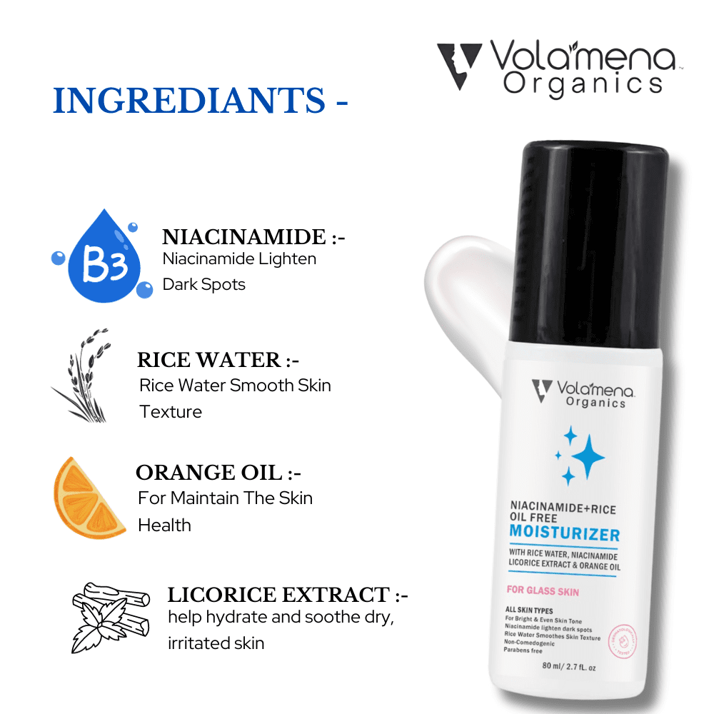 Volamena Organics Niacinamide + Rice Oil Free moisturizer With Rice Water & Niacinamide For Glass Skin, 80ml - Volamena