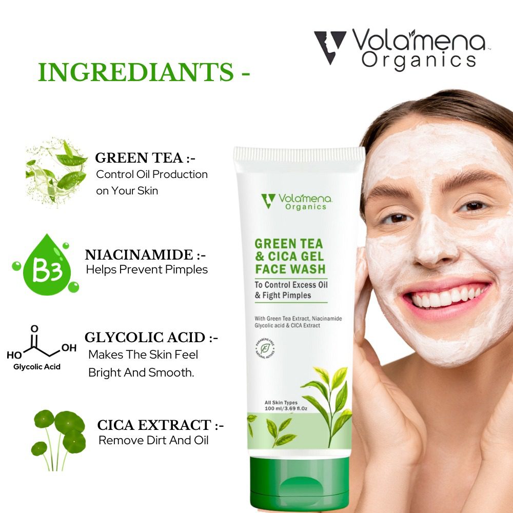 Volamena Green tea & cica Gel Face wash | For Acne Prone Skin | Face Wash For women & Men 100 ml - Volamena
