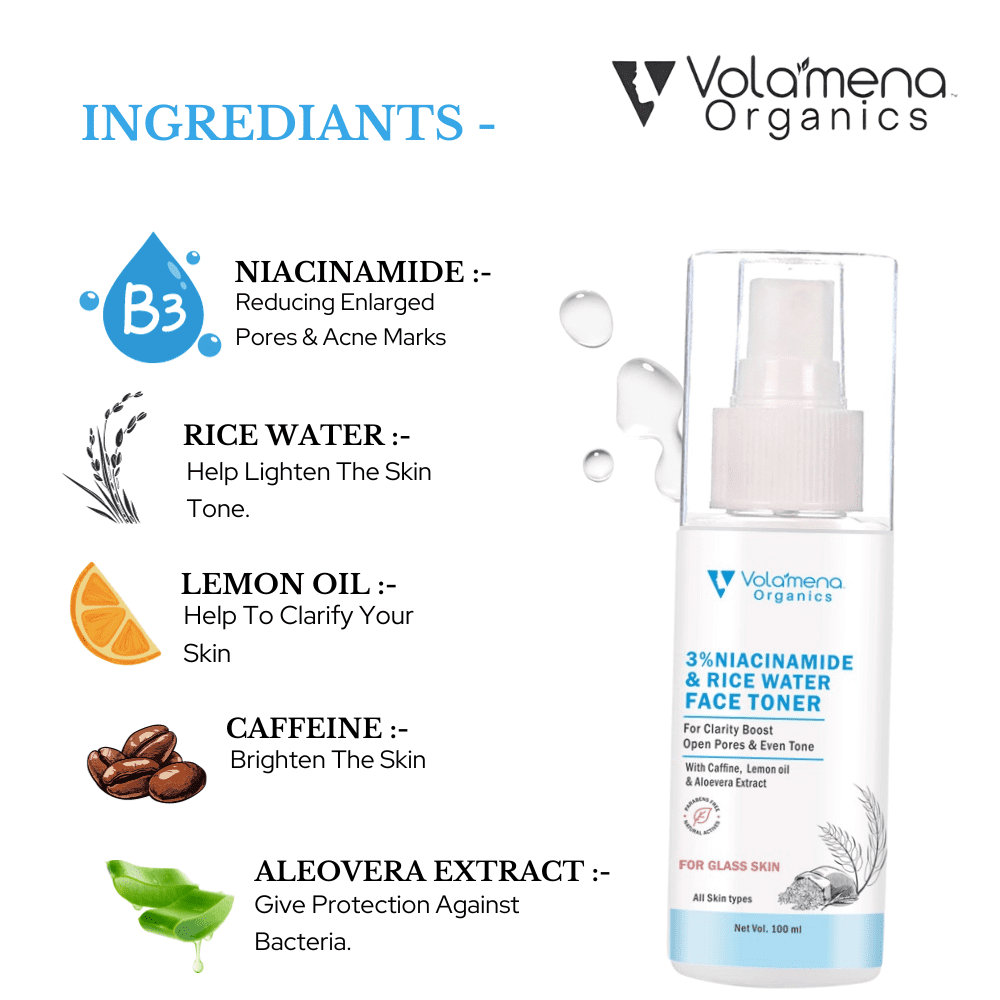 Volamena Organics Niacinamide & Rice Water Hydrating Face Toner For Glowing Skin, To Brighten The Skin Korean Skin Care Products 100 ml - Volamena