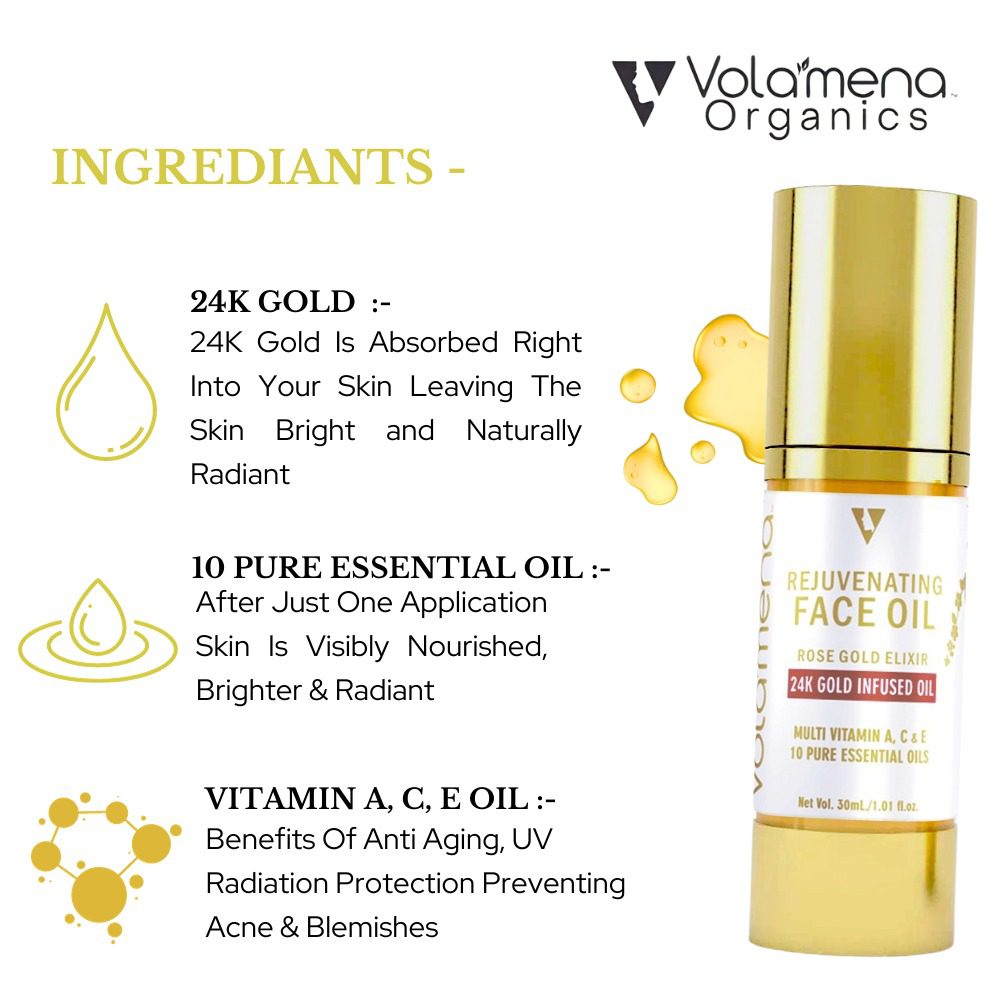 Volamena Luxurious 24k Gold Rejuvenating Oil with 24 K Gold, Vitamin A, C & E 30 ml - Volamena