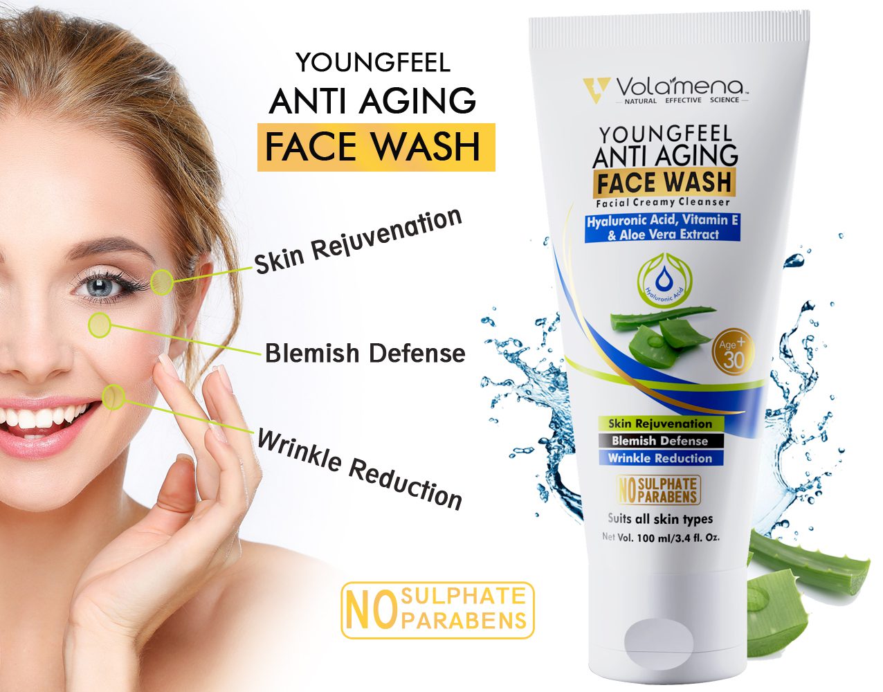Volamena Youngfeel Anti Aging Face Wash With Aloe vera & Hyaluronic Acid | Anti Aging | For Women & Men 100 ml - Volamena