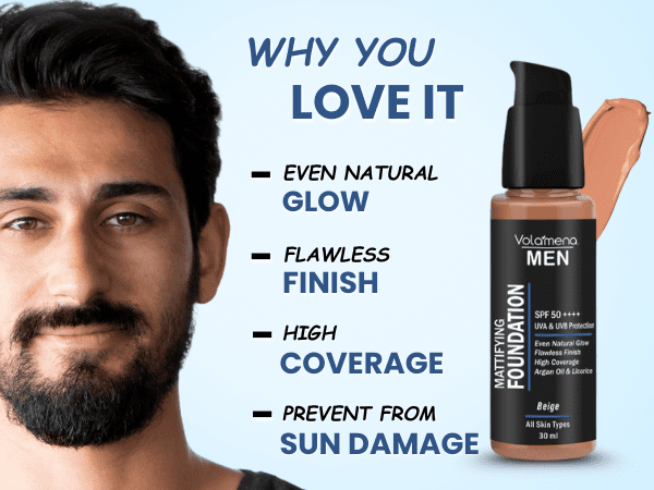 Volamena For Men Mattifying Foundation With SPF 50++++ Beige Shade, | With Hyaluronic Acid & Argan Oil | For Even Natural Glow, Flawless Finish | With Dual Action Moisturizer + Sunscreen | 30ml