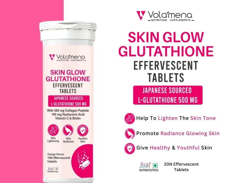 Volamena Skin Glow Japanses Sourced L Glutathione 500 mg & Collagen Peptide 500 mg 100 mg Hyaluronic Acid 10 Effervescent Tablets For Skin Lightening & Radiance For both Men & Women- Orange Flavour