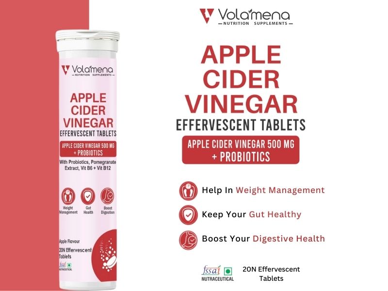 Volemena Apple Cider Vinegar + Probiotics For Weight Management, Gut Health & Digestion For Both Men & Women Apple Flavour- 20 Effervescent Tablets