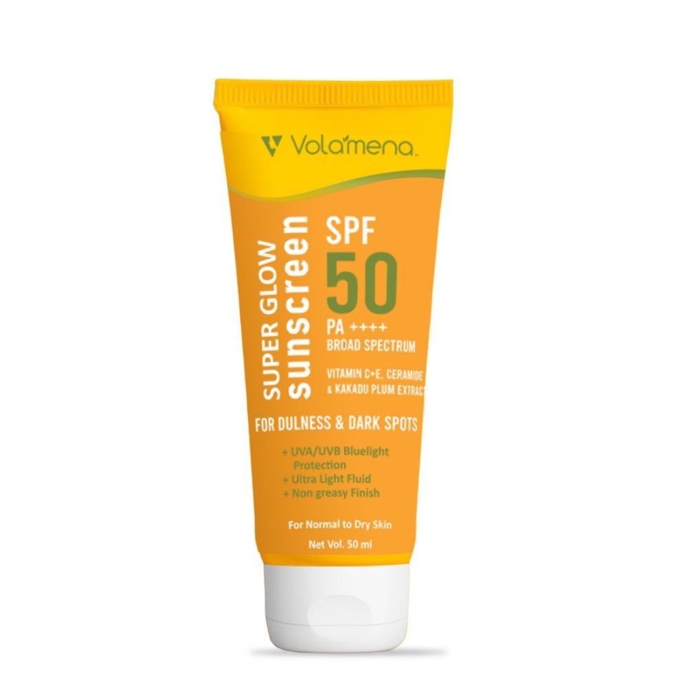 Volamena Super Glow Sunscreen with SPF 50 PA+++ With Vitamin C For Bright & Glowing Skin UVA/B Bluelight Protection No White Cast For Normal to dry skin, 50 ml