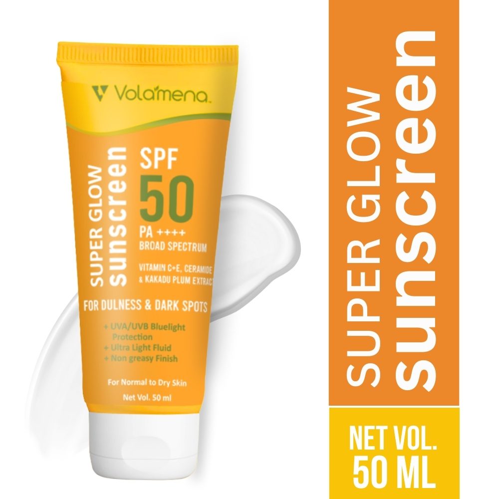 Volamena Super Glow Sunscreen with SPF 50 PA+++ With Vitamin C For Bright &amp; Glowing Skin UVA/B Bluelight Protection No White Cast For Normal to dry skin, 50 ml