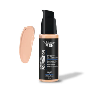 Volamena For Men Mattifying Foundation With SPF 50++++ Light Shade, | With Hyaluronic Acid & Argan Oil | For Even Natural Glow, Flawless Finish | With Dual Action Moisturizer + Sunscreen | 30ml