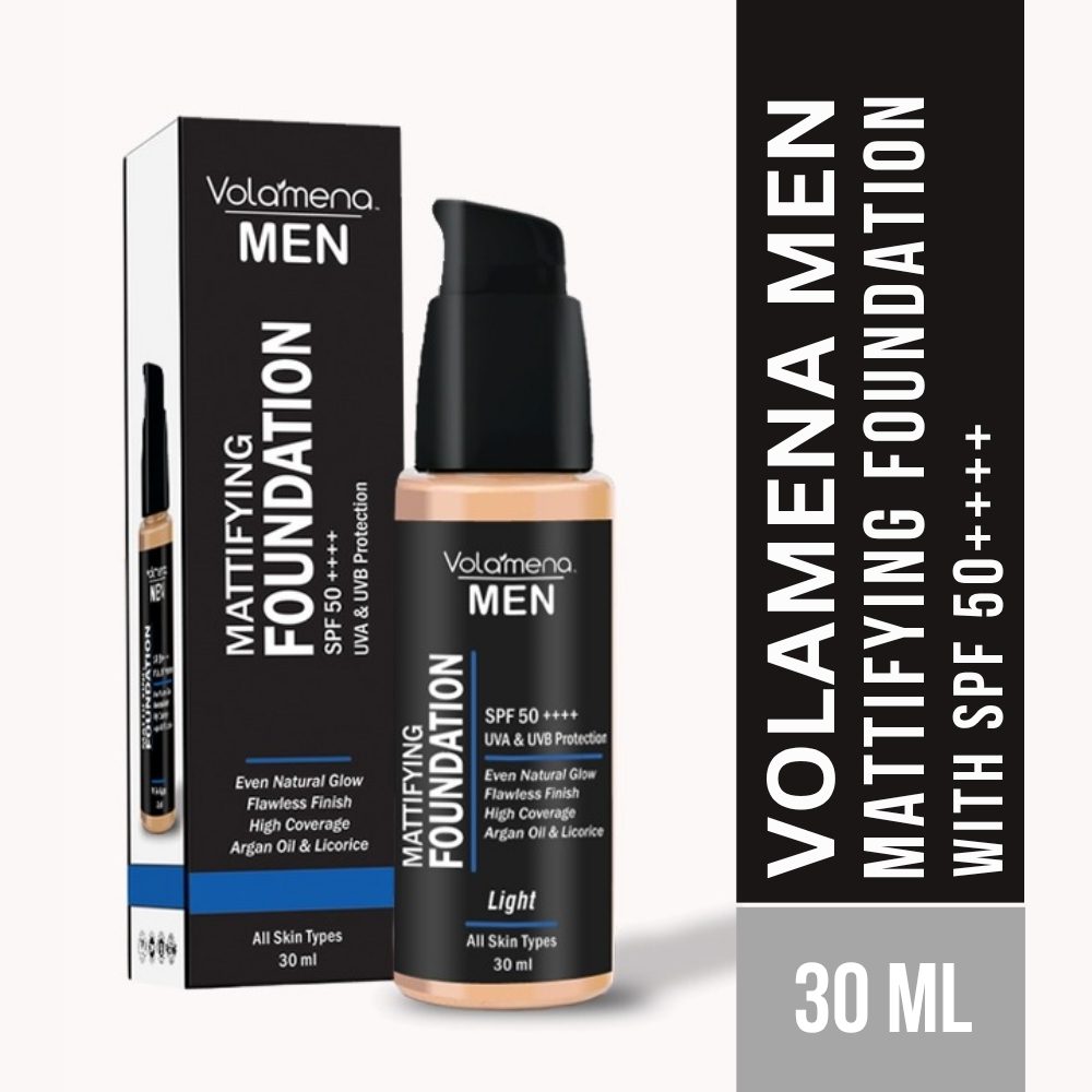 Volamena For Men Mattifying Foundation With SPF 50++++ Light Shade, | With Hyaluronic Acid & Argan Oil | For Even Natural Glow, Flawless Finish | With Dual Action Moisturizer + Sunscreen | 30ml