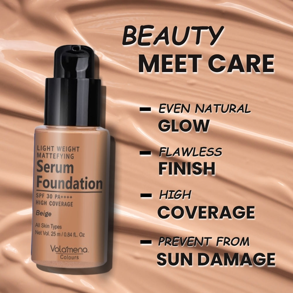 Volamena Light Weight Mattefying Serum Foundation With SPF 30PA++++, Beige, | With Hyaluronic Acid & Alpha Arbutin | High Coverage For Even Natural Glow | Flawless Finish | 25ml