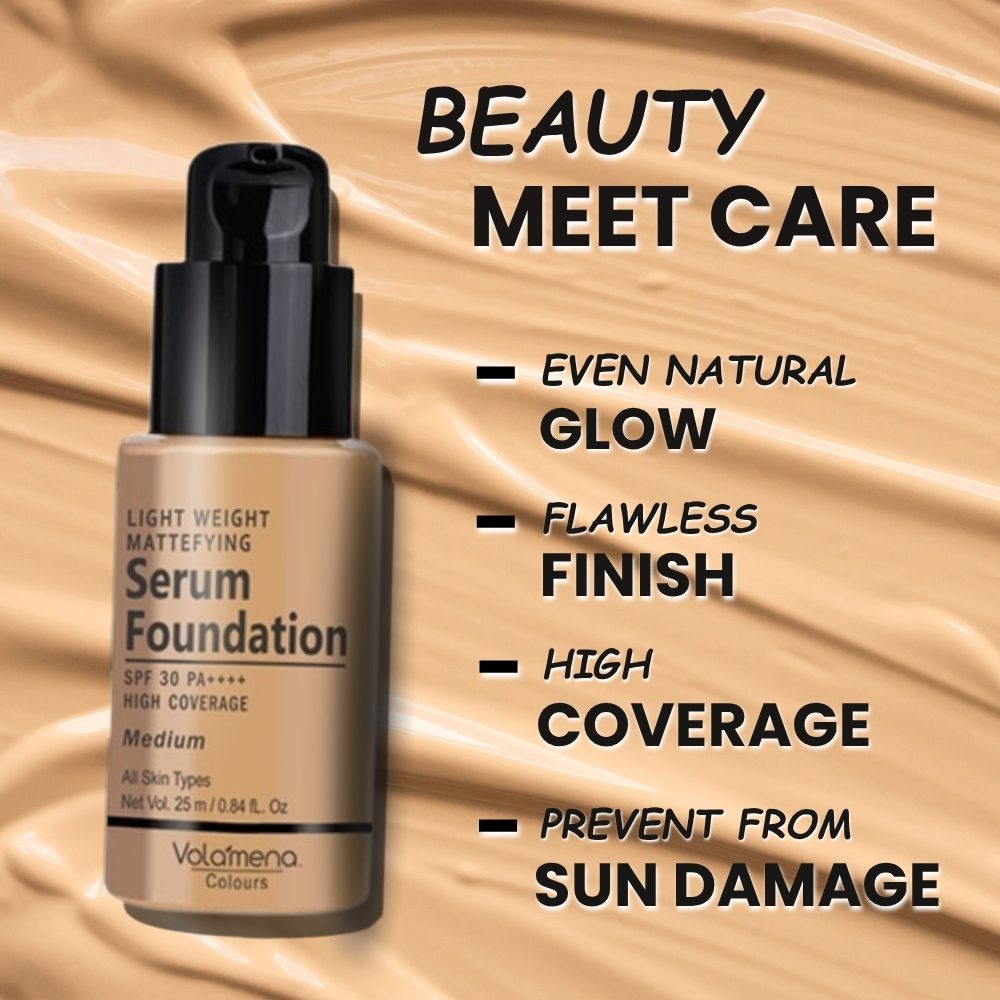 Volamena Light Weight Mattefying Serum Foundation With SPF 30PA++++, Medium Shade | With Hyaluronic Acid & Alpha Arbutin | High Coverage For Even Natural Glow | Flawless Finish | 25ml