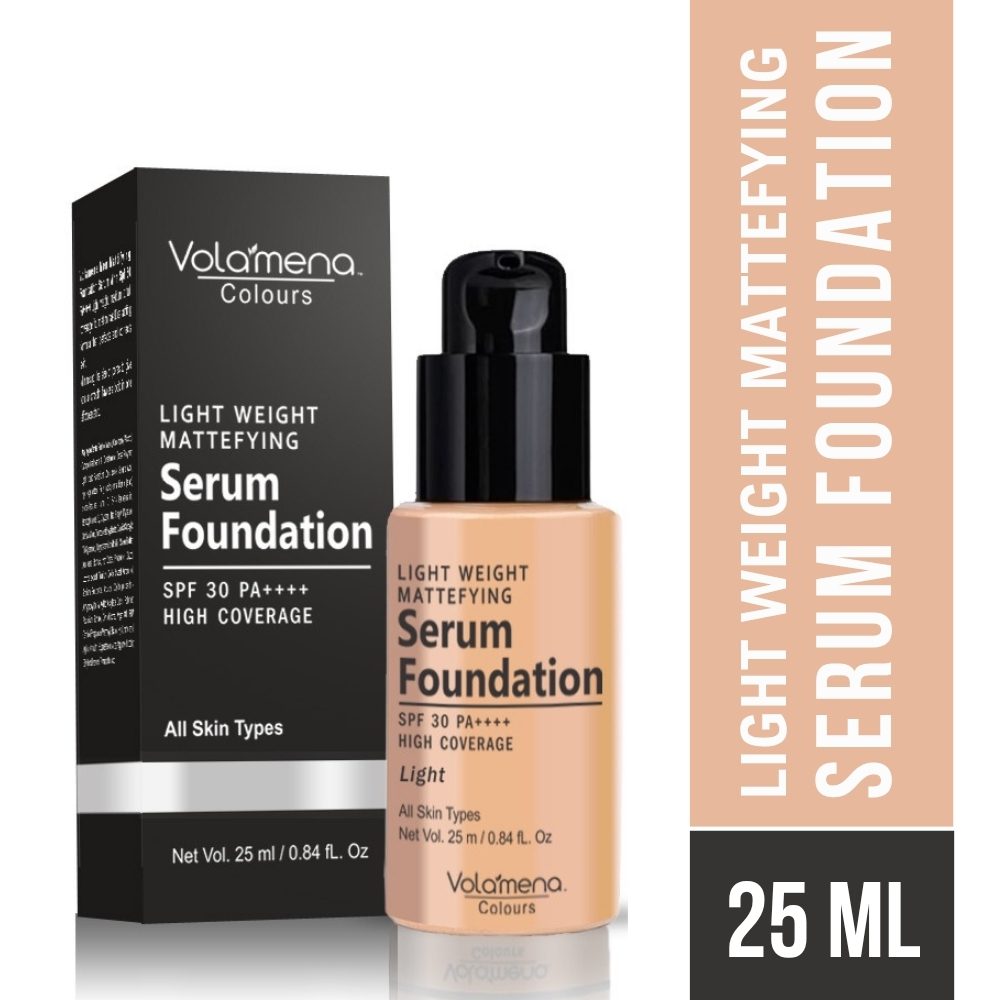 Volamena Light Weight Mattefying Serum Foundation With SPF 30PA++++, Light Shade, | With Hyaluronic Acid & Alpha Arbutin | High Coverage For Even Natural Glow | Flawless Finish | 25 ml