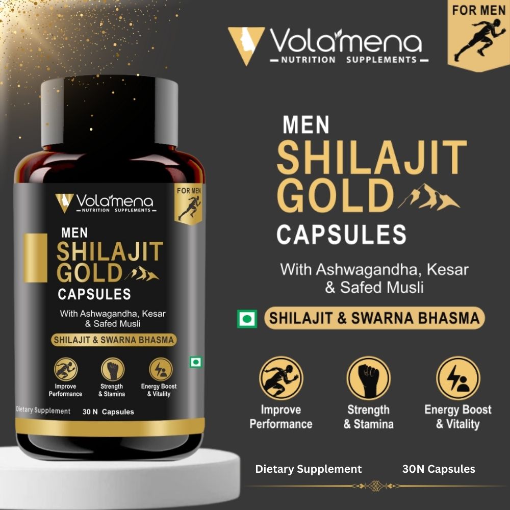 Volamena Nutrition Supplement Men Shilajit Gold Capsules | Contains Swarna Bhasma(Gold) | Improve Performance, Stamina & Energy | Ashwagandha, Kesar & Safed Musali For Men 60 No