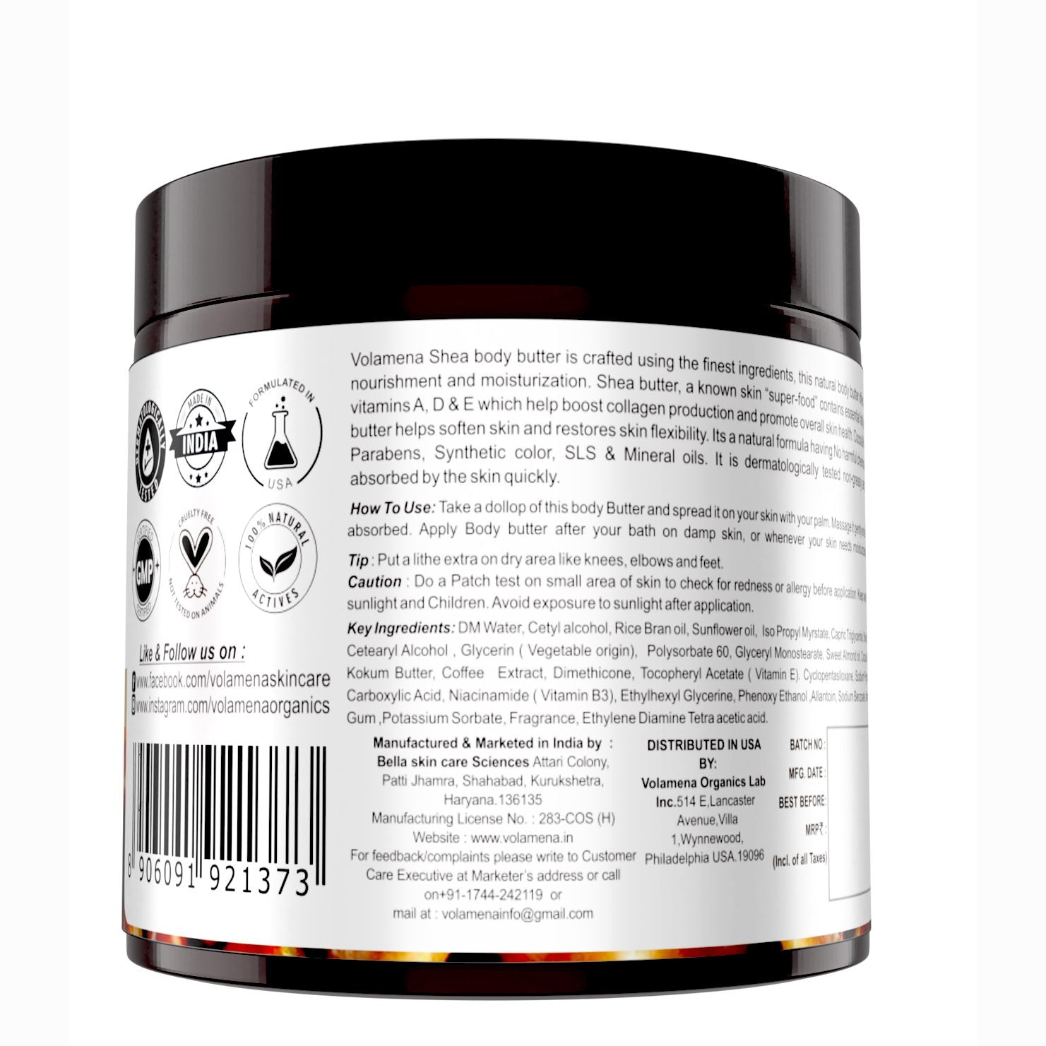 Volamena Shea Body Butter Moisturizer For Dry Skin With Shea, Cocoa & Coffee | 48 Hr Moisture | Vegan | For Women & Men 100 ml