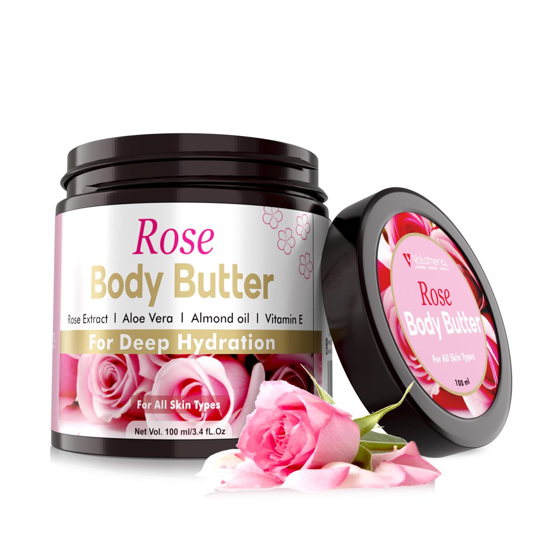 Volamena Rose Body Butter For Dry Skin With British Rose, Almond Oil & Vitamin E | Vegan | For Women & Men 100 ml