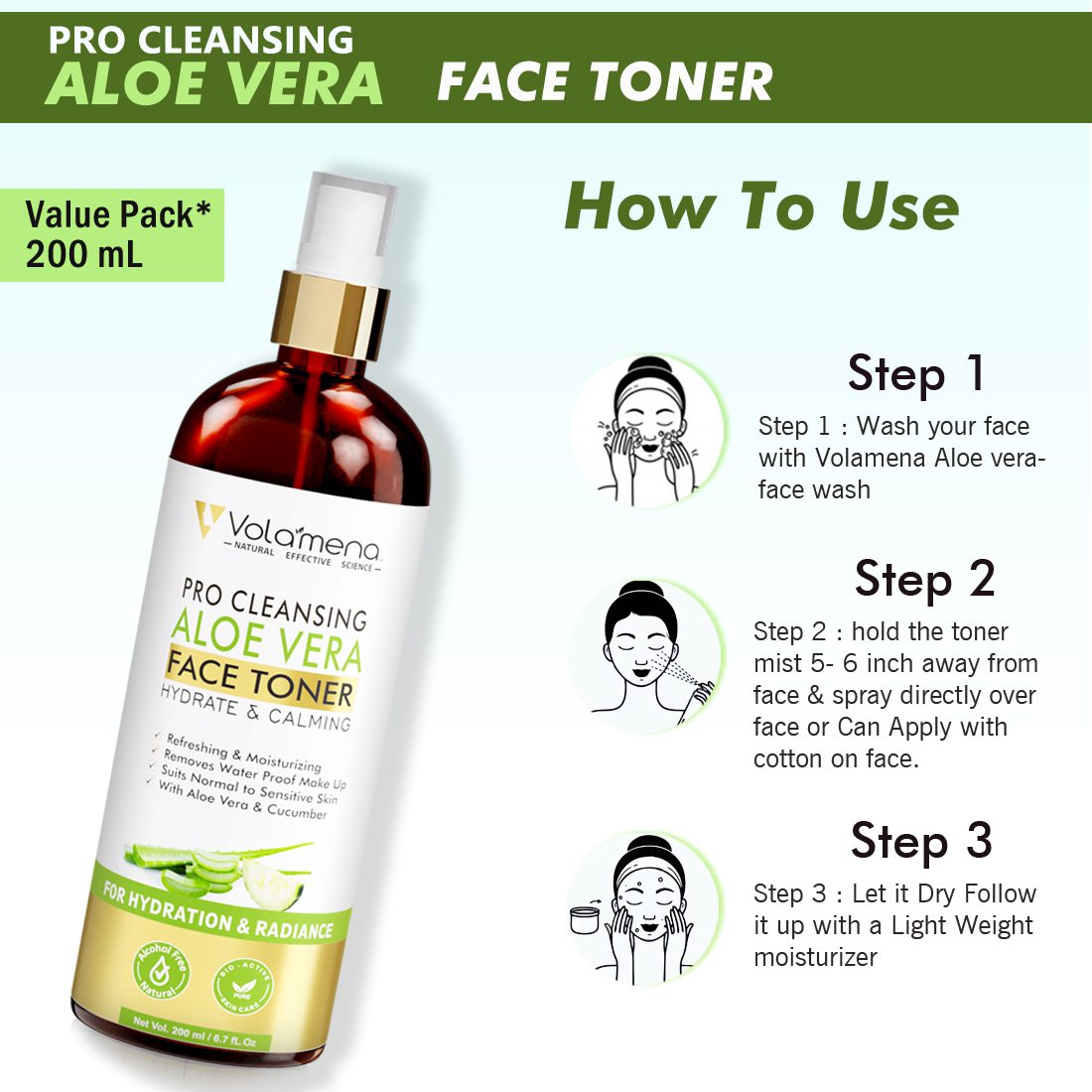 Volamena Clearing Aloevera Face Toner for Clear & Soothing Skin & Open Pores Tightening For Oily Skin Women & Men 200 ml