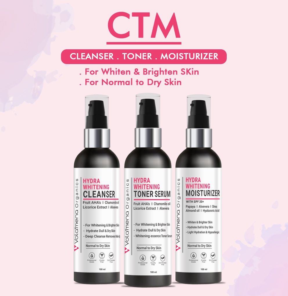 Volamena Hydra Whitening CTM Facial Kit for Women & Men 3 Steps Kit Cleanser, Toner Serum & Moisturizer For Normal to Dry Skin 300 ml
