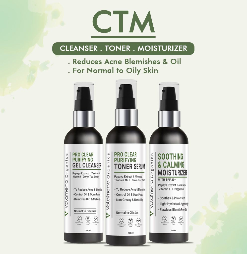 Volamena Pro Clear Purifying CTM Facial Kit for Women & Men 3 Steps Kit Cleanser, Toner Serum & Moisturizer For Normal to Oily Skin 300 ml