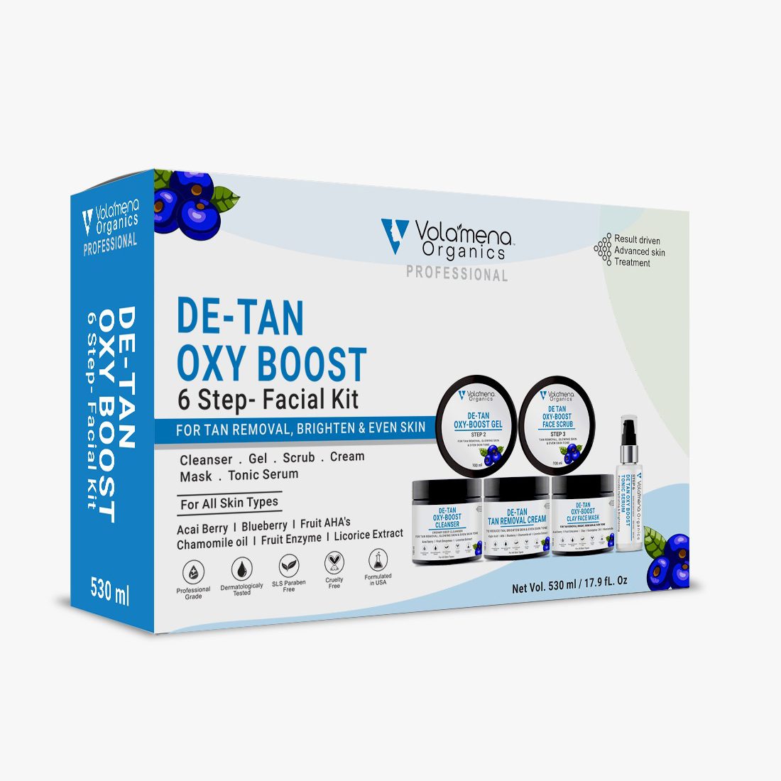 Volamena De tan Oxy Boost 6-Steps Facial Kit For Women & Men With Acai Berry & AHA’s For Even skin Tone & Tan Removal Facial Kit
