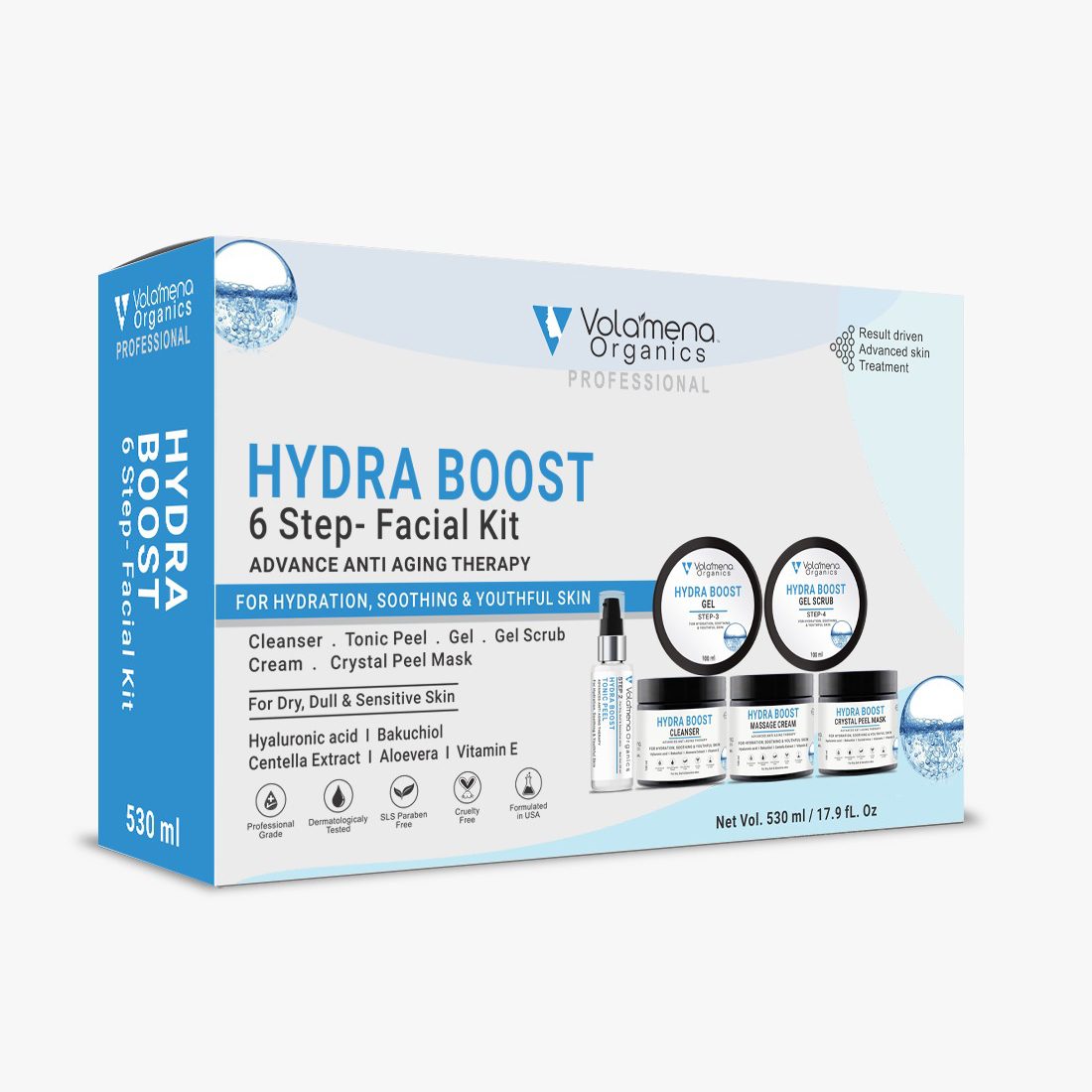 Volamena 6 Steps Hydra Boost Facial Kit For Women & Men With Hyaluronic, Bakuchiol & Vitamin E For Dry, Dull & Sensitive Skin