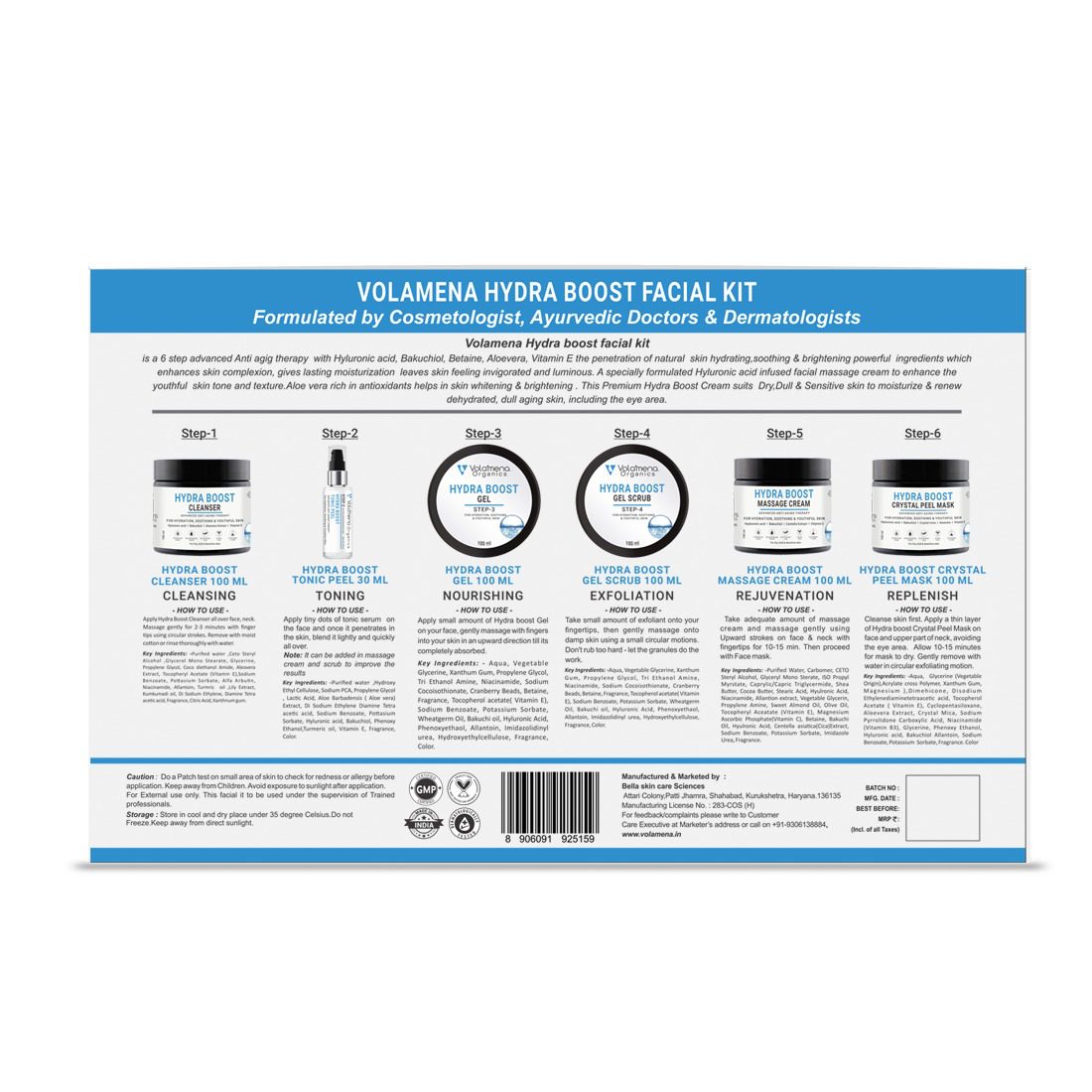 Volamena 6 Steps Hydra Boost Facial Kit For Women & Men With Hyaluronic, Bakuchiol & Vitamin E For Dry, Dull & Sensitive Skin