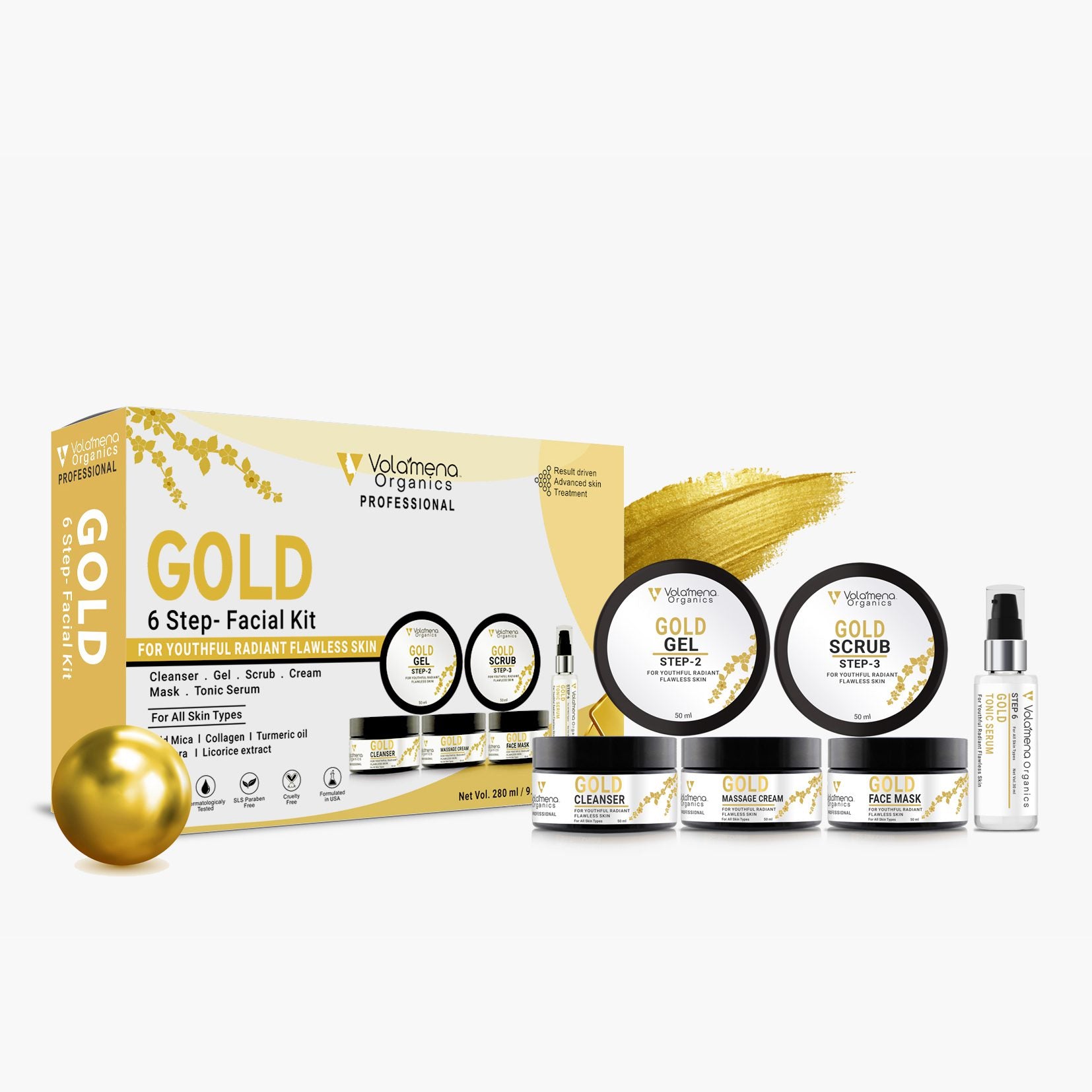 Volamena Skin Brightening Gold 6 Steps Facial Kit, For Flawless Skin, Youthful Glow Facial Kit For Women & Men 280 ml