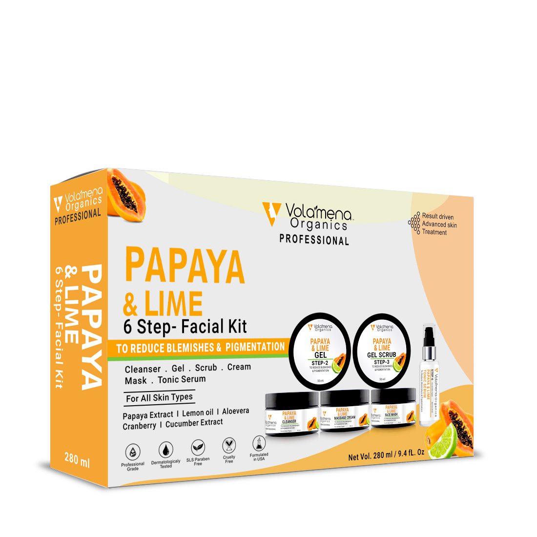 Volamena Organics Papaya & Lime Facial Kit To Reduce Blemishes and De Pigmentation Facial Kit For Women & Men 280 ml