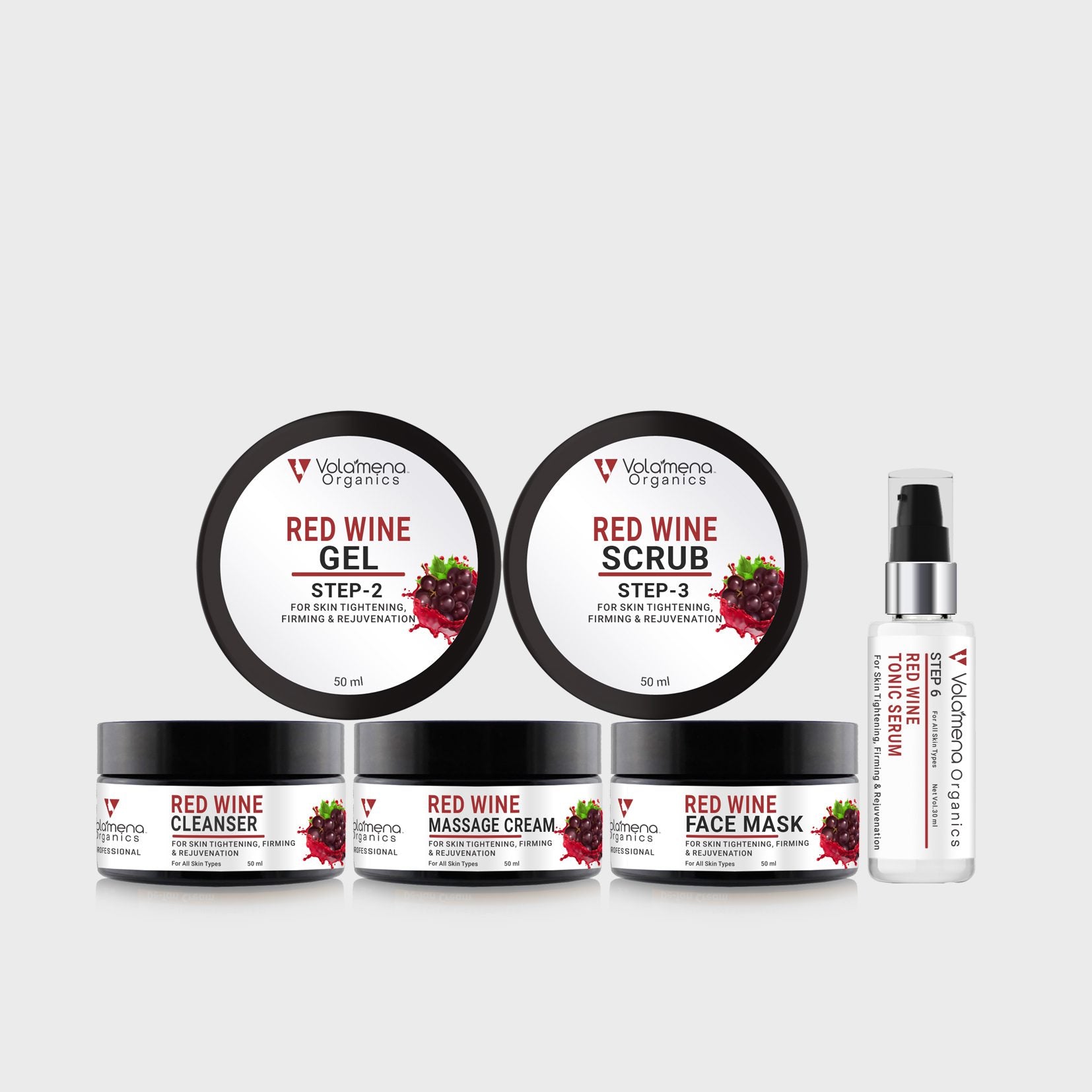 Volamena Organics Red Wine 6 Steps Facial Kit For Glowing Skin, Tightening & Firming & Rejuvenation Facial Kit For Women & Men 280 ml