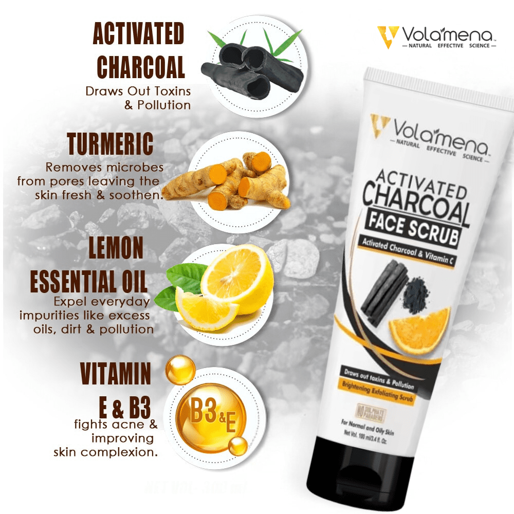 Volamena Activated Charcoal Face Scrub With Activated Charcoal & Turmeric For Draws Out Toxin, Impurities & Pollution 100 ml