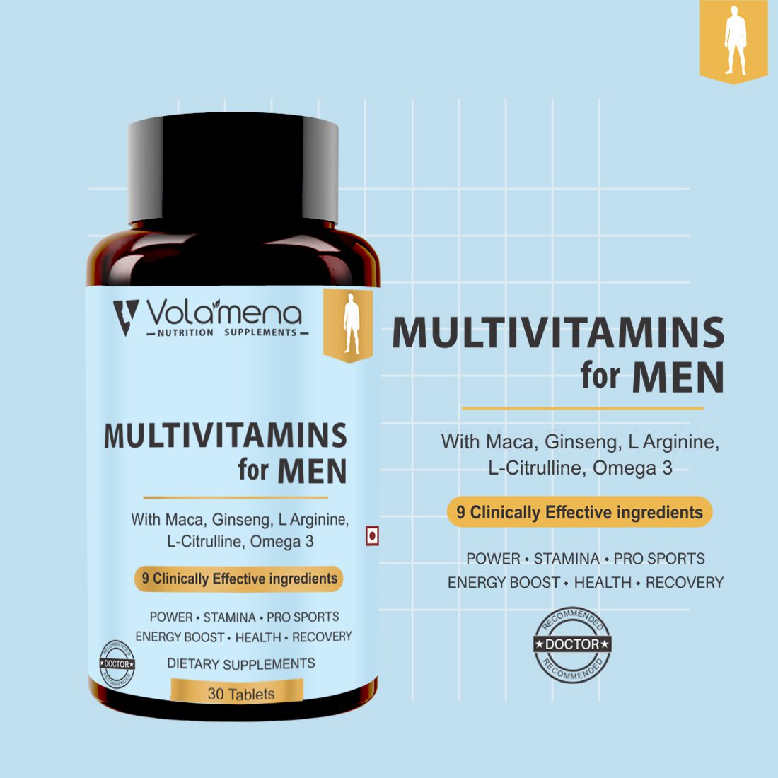 Volamena Nutrition Supplements Multi Vitamins For Men Tablets Dietary Supplement With ginseng arginine & Omega 3 | Power & Stamina Booster for men 30 Tablets
