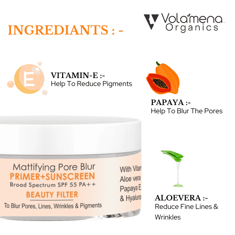 Volamena Organics Mattifying Pore Blur Primer+Sunscreen SPF 55PA++ With Hyaluronic Acid, Papaya Extract & Aloe Vera For Reduce Fine Line & Wrinkles 25ml