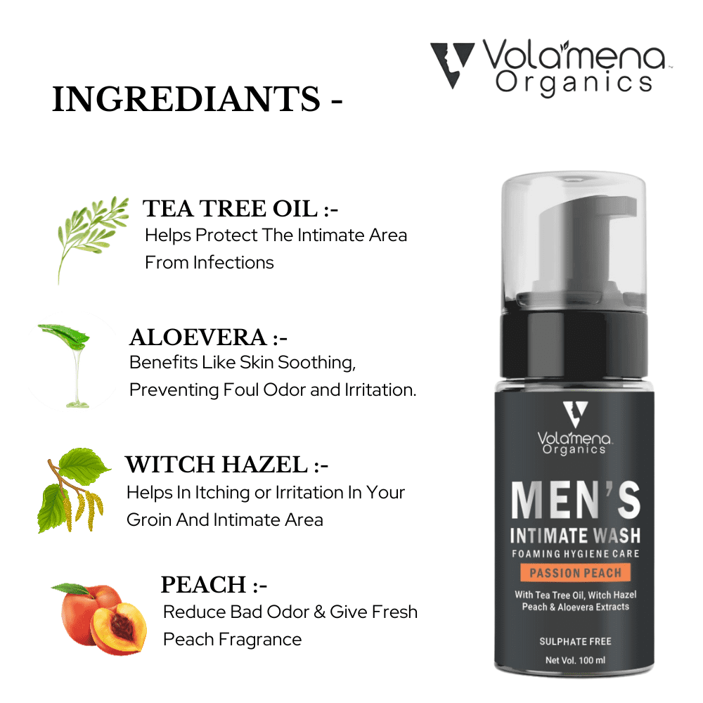 Volamena Organics Men's Intimate Wash Passion Peach With Tea Tree Oil & Witch Hazel, For Reduce Odour & Itching 100 ml