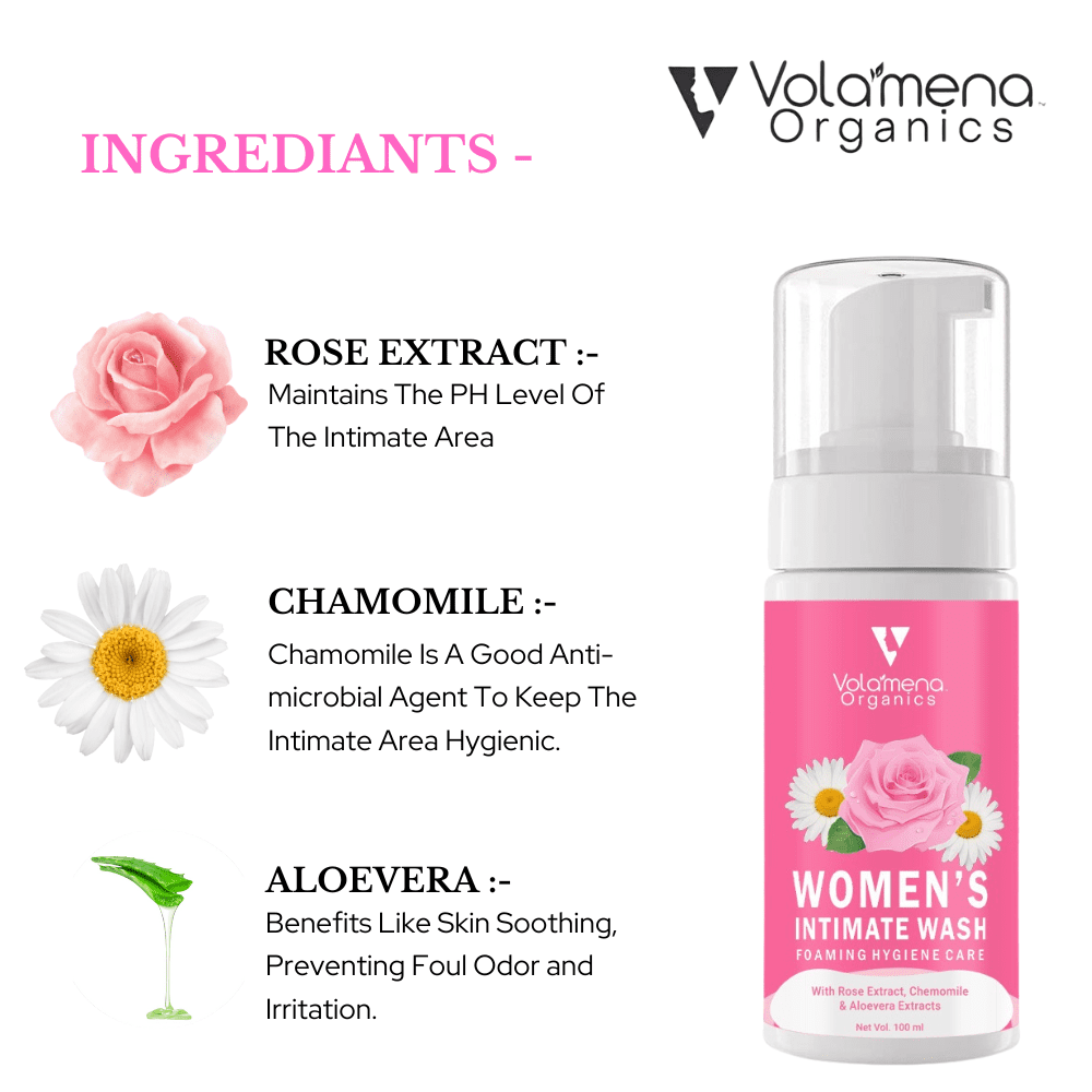 Volamena Organics Women's Intimate Wash With Rose Extract & Chemomile For Feel Fresher and More Confident, Even During Difficult Days.
