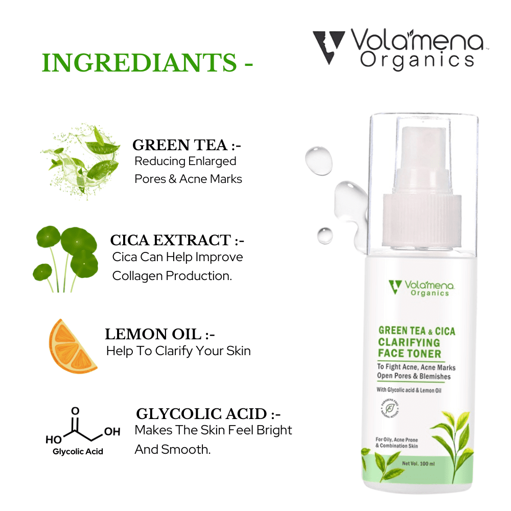 Volamena Organics Clarifying Green Tea Toner With CICA & Green Tea For Oily Skin Treat Acne & Pimples 100 ml