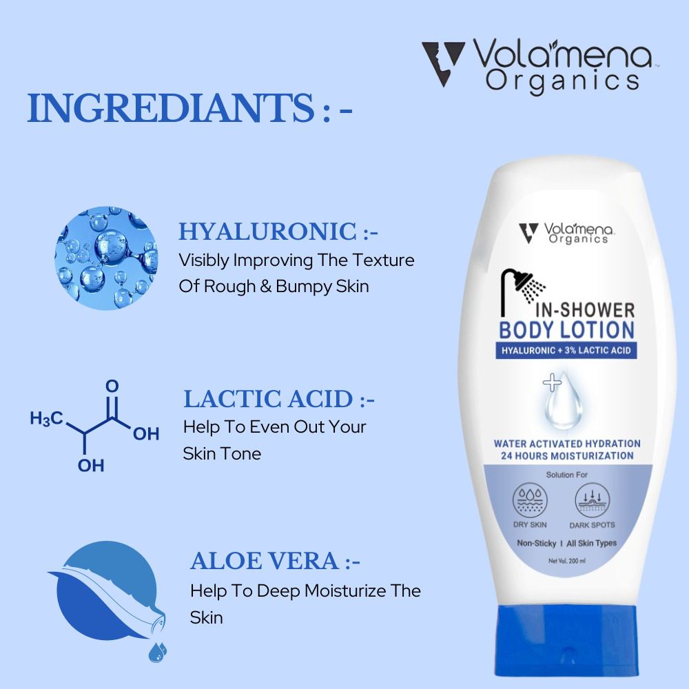 Volamena Organics Hyaluronic + Lactic Acid In-Shower Body Lotion Deep Hydration, Moisturizer for Body For Women & Men 200 ML