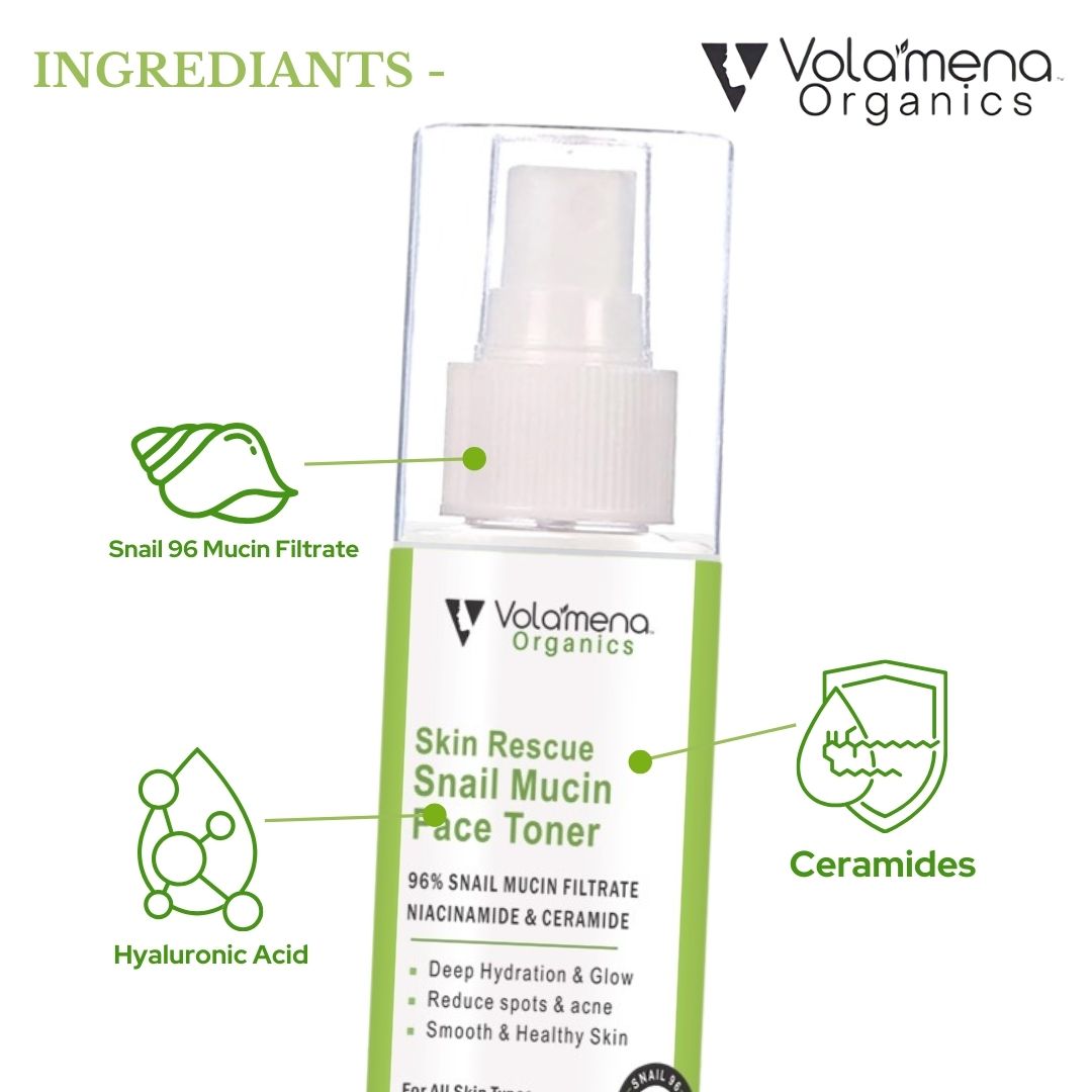 Volamena Organics Skin Rescue Snail Face Toner With Snail Mucin Filtrate & Cica, For Repair, Hydrate, and Shrink Pores 100 ml