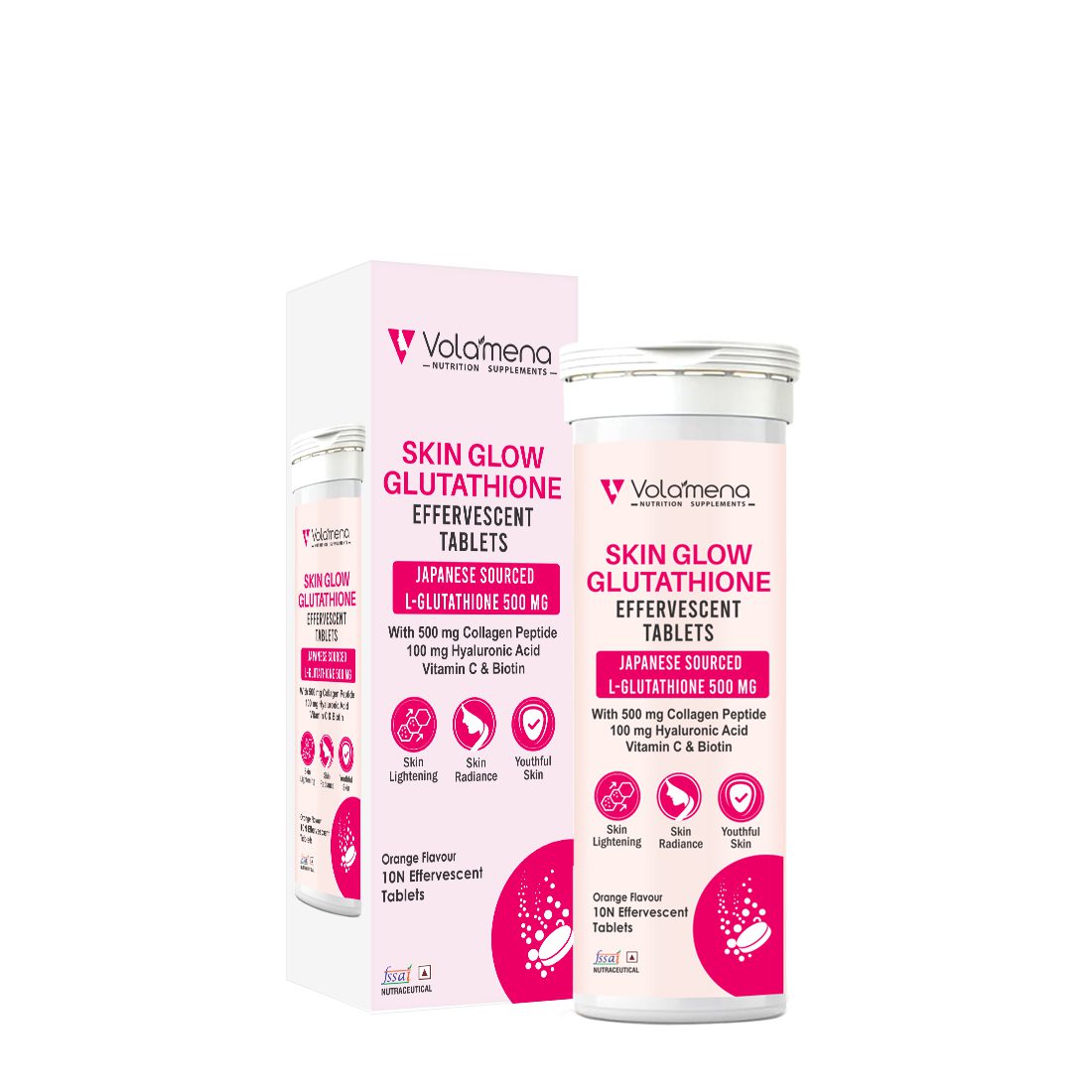 Volamena Nutrition Supplements Skin Glow Japanses Sourced L Glutathione tablets 500 mg & Collagen Peptide 500 mg 100 mg Hyaluronic Acid 10 Effervescent Tablets For Skin Lightening & Radiance For both Men & Women- Orange Flavour