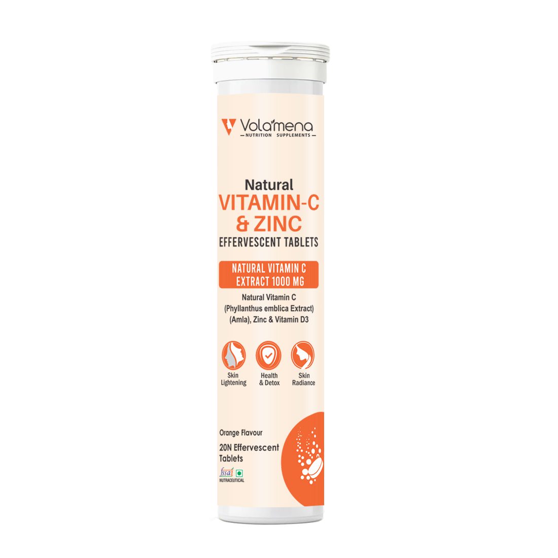 Volamena Nutrition Supplements Natural Amla 1000 mg Vitamin C and Zinc 20 Effervescent Tablets Natural Immunity Booster and glowing skin- Orange Flavour