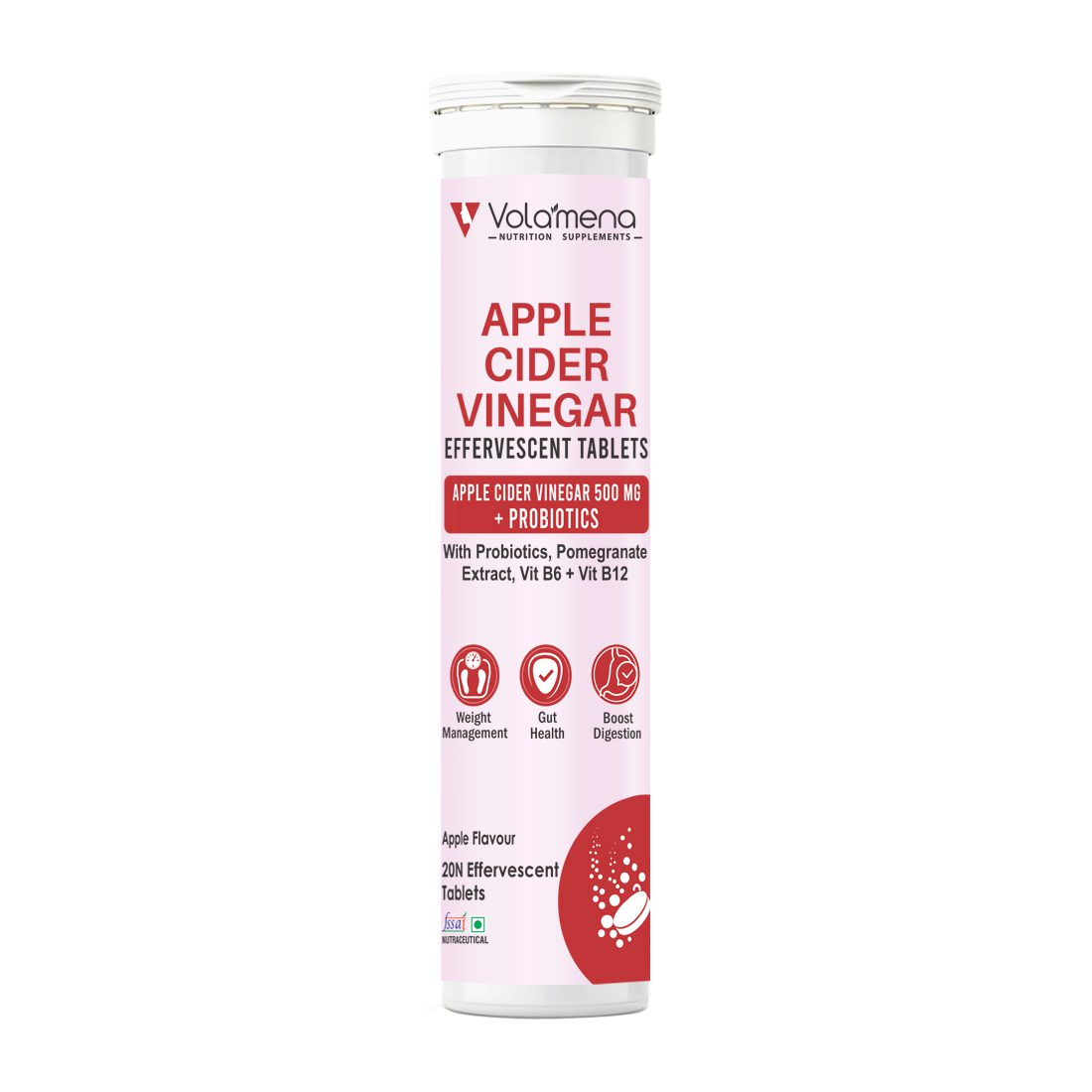 Volamena Nutrition Supplements Apple Cider Vinegar tablets with Probiotics For Weight Management, Gut Health & Digestion For Both Men & Women Apple Flavour- 20 Effervescent Tablets