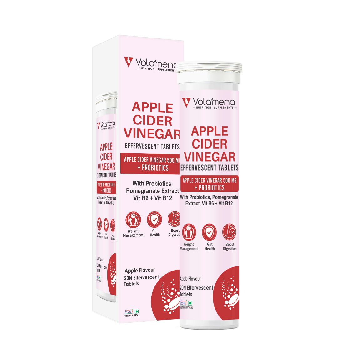 Volamena Nutrition Supplements Apple Cider Vinegar tablets with Probiotics For Weight Management, Gut Health & Digestion For Both Men & Women Apple Flavour- 20 Effervescent Tablets