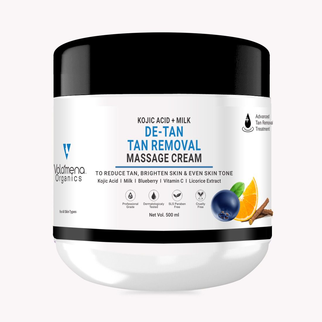 Volamena De Tan Massage Cream For Face With Kojic Acid For Tan Removal & Skin Brightening For Women & Men 500ml