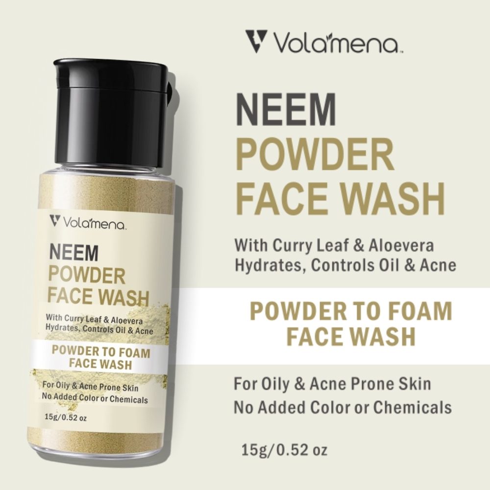Volamena Neem Powder Face Wash for Oily & Acne Prone Skin, with Curry Leaf & Aloe vera, Natural Face wash Hydrates, Control Oil & Acne, For Women & Men 15 ml