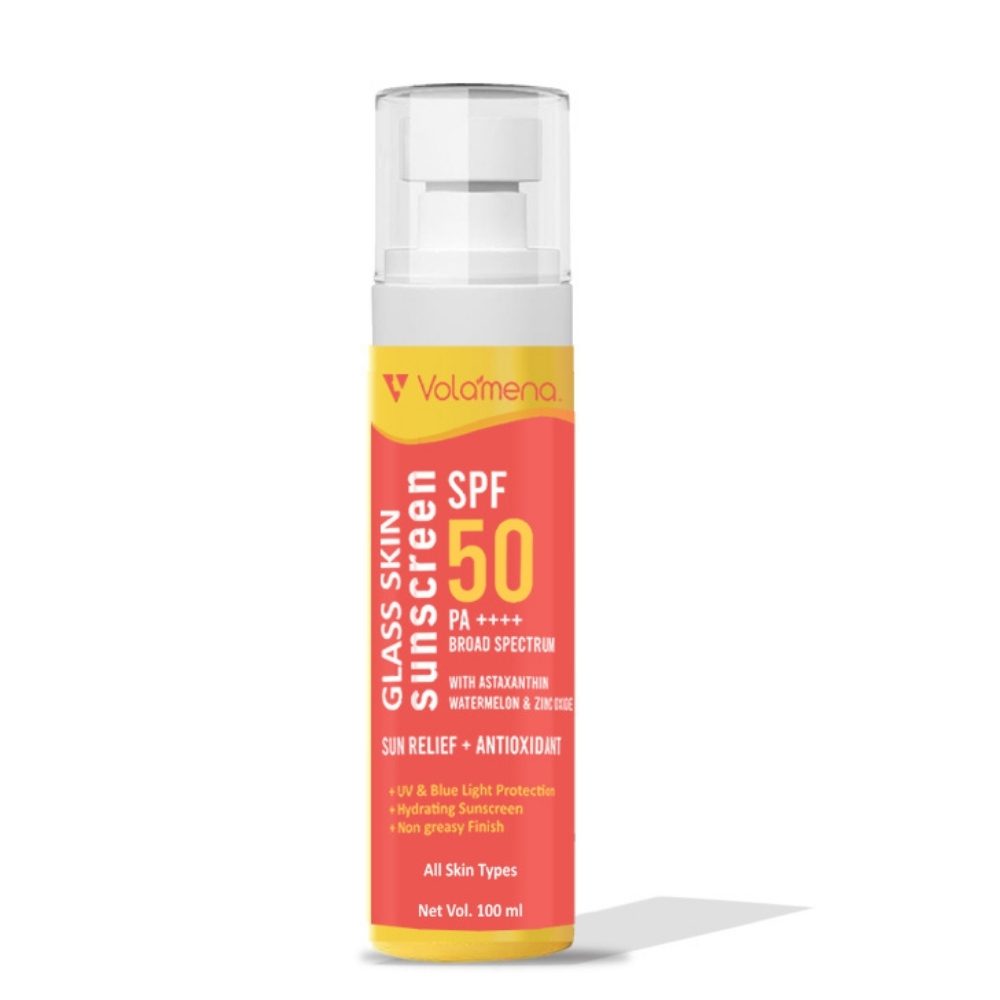 Volamena Glass Skin Sunscreen Spf 50pa++++ With Astaxanthin & Watermelon | Protect From UV Rays & Bluelight | Deeply Hydrate Your Skin | For Both Men & Women | Light Weight & Non Greasy | 100ml