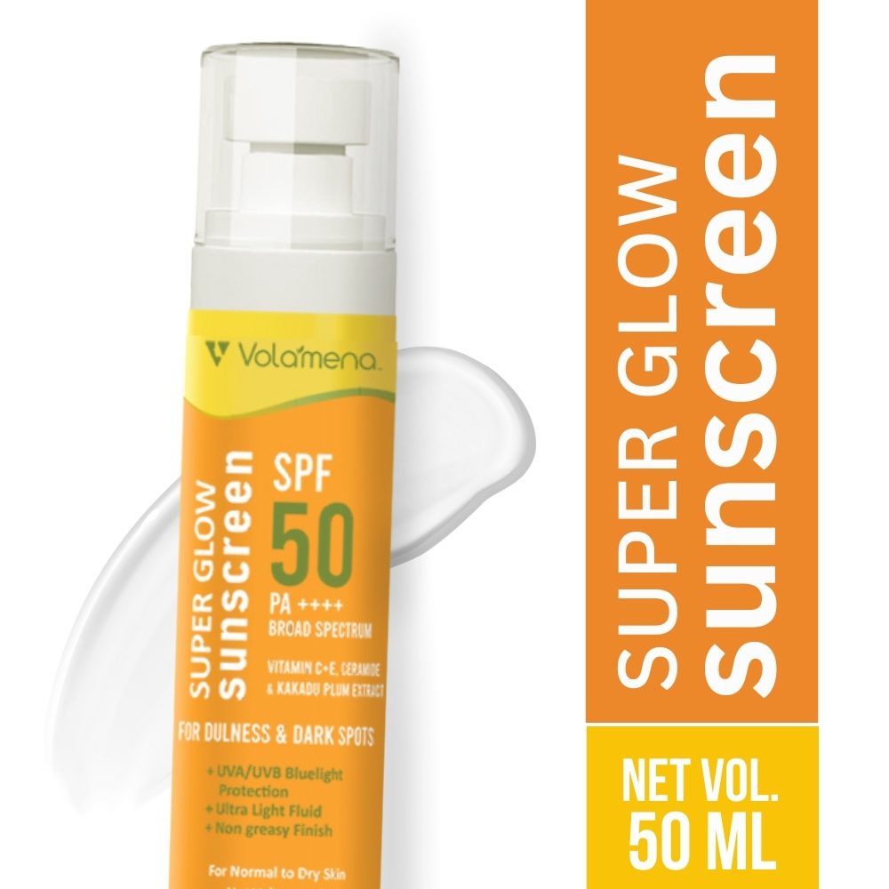 Volamena Super Glow Sunscreen with SPF 50 PA+++ With Vitamin C For Bright & Glowing Skin UVA/B Bluelight Protection No White Cast For Normal to dry skin, 100 ml
