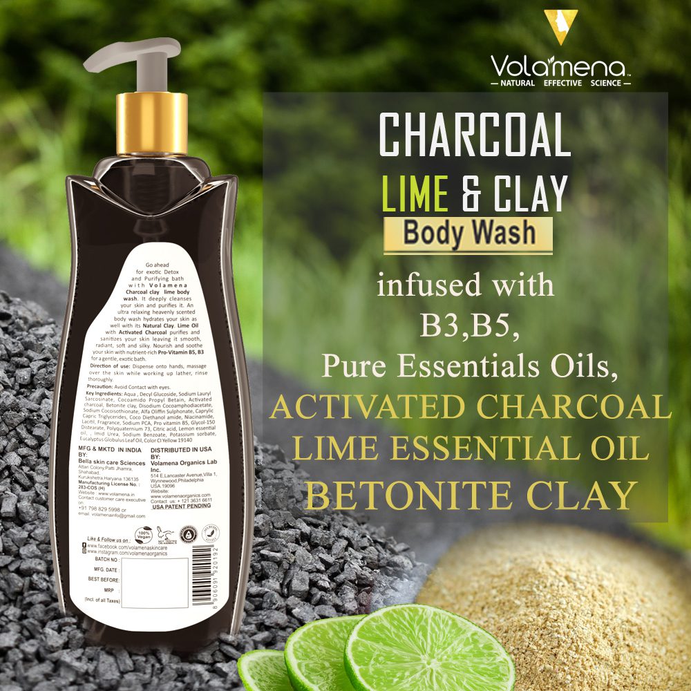 Volamena Activated Charcoal Lime & Clay Body Wash Cleansing, Hydrating and moisturizing For Men & Women 300 ml